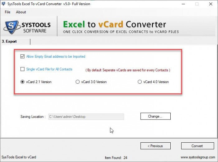 vCard version to import Excel to Outlook